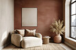 © Kuo - Dark terracotta wall with blank poster frame, cozy interior design of modern living room in brown and beige colors, white armchair near window, wooden side table, pampas grass vase, boho style.
