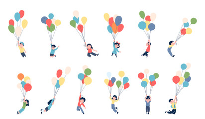 Children flying with balloons. Happy kids soaring with colorful balloon. Happiness and joyful, freedom carefree childhood metaphor, recent vector set