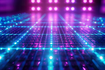 Poster - A bright blue and purple lighted floor with a grid of lights, generative ai image.