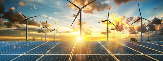 Modern solar panels and wind turbines against the sky at sunset