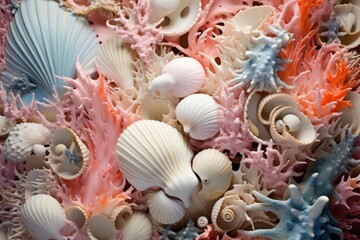 Wall Mural - Vibrant close-up image showcasing a variety of sea shells and coral