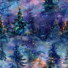 Wall Mural - Seamless pattern magical evening forest Christmas trees and glowing lights Christmas card style watercolor abstract artistic enchanted nature woodland background wallpaper backdrop, wrapping paper