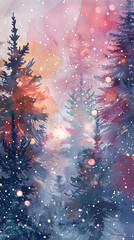 Wall Mural - Magical forest winter wonderland holiday trees and glowing colorful lights Christmas card style watercolor abstract artistic enchanted nature woodland background wallpaper backdrop, wrapping paper