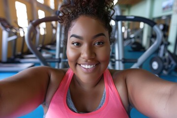 Active lifestyle, loosing weight, getting fit. Happy obese overweight black woman making selfie at the gym