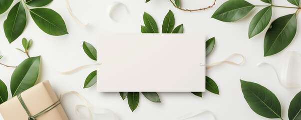 Mockup card birthday wedding background white table paper top greeting view stationery. Card blank postcard mockup birthday frame gift mock flatlay design green leaves happy desk template composition