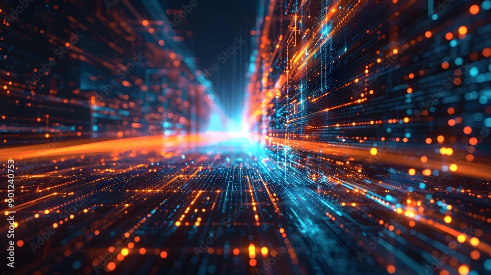 Futuristic Digital Landscape with Glowing Data Streams