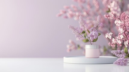 Elegant 3D display with lilac floral backdrop, lavender podium, and purple summer scene, perfect for cosmetics and beauty products.