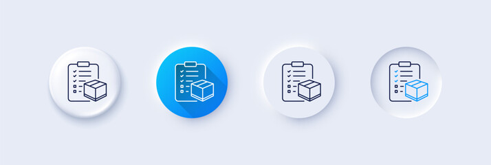 Aufkleber - Parcel checklist line icon. Neumorphic, Blue gradient, 3d pin buttons. Logistics check sign. Package control symbol. Line icons. Neumorphic buttons with outline signs. Vector