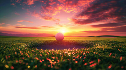 Close up of a golf ball near the hole on green grass at sunset. Golf court sport background