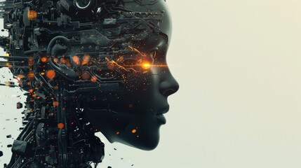 Poster - Human face silhouette integrated with futuristic robot parts, illustrating the fusion of human and robotic elements