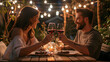 © Gita - Happy couple toasting with glasses of red wine during a romantic dinner outdoors, under warm string lights. The scene exudes love and intimacy.