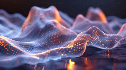 Poster - Abstract Digital Waves with Glowing Particles in a Futuristic Landscape