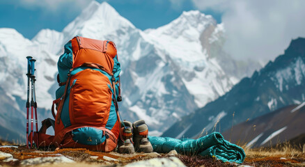 Wall Mural - A backpack and hiking gear placed on the ground with mountains in the background. The orange backpack has blue water bottles attached to it, while crisscrossing trekking sticks rest beside them.