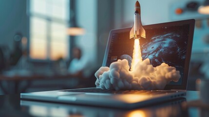 Poster - Rocket launch from a laptop screen on an office table, capturing the essence of startup growth and innovation