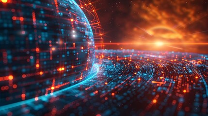Poster - Futuristic Digital Landscape with Glowing Globe and Cosmic Background