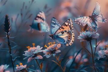 Butterflies flying on flowers the vibrant colors 