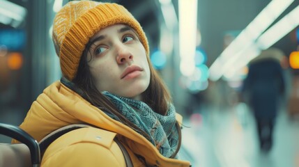 Wall Mural - A woman wearing a bright yellow jacket and matching hat, standing outdoors