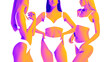 © Lustre Art Group  - Contemporary art collage. Women in swimsuits pose confidently, their vibrant orange and purple body blending with white background. Pop art style. Concept of fashion and style, holidays, vacation. Ad