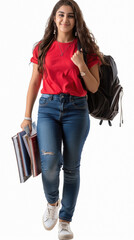 Wall Mural - young indian college student walking on white background