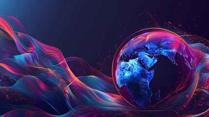 Wall Mural - Abstract Globe Wrapped in Neon Waves