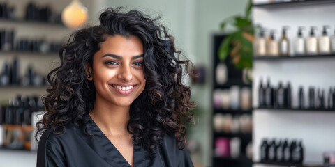 Canvas Print - young indian woman standing at hair salon