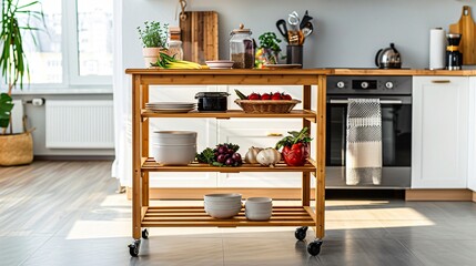 A bamboo kitchen cart with wheels, stocked with kitchen essentials