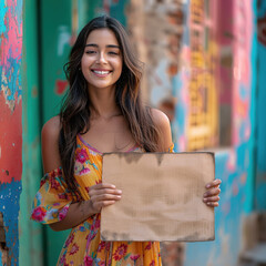 Canvas Print - young indian woman holding blank signboard