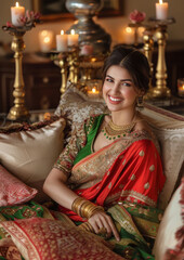 Poster - young indian woman sitting on luxurious sofa