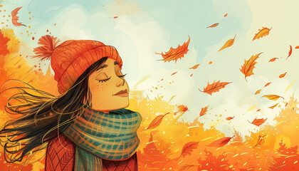 Wall Mural - A girl wearing a yellow hat and a scarf is standing in a field of yellow leaves