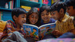 © PRASANNAPIX - indian children group reading story book at home
