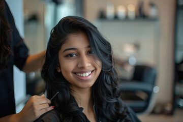 Sticker - young indian woman sitting at hair salon