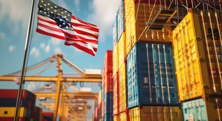 Poster - Chinese and American flags with cargo containers in the background, symbolizing trade between two countries