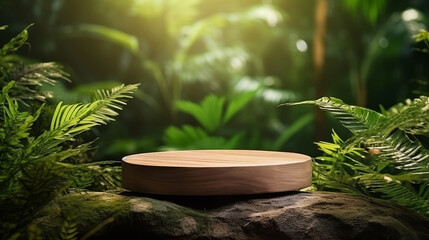 Wood Display podium isolated on jungle background with forest plant, Presentation stone table, using natural light.