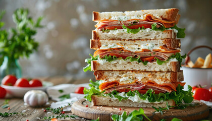 a sandwich is stacked generously on a wooden cutting board, all set for a delicious meal