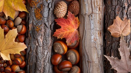 Canvas Print - Acorns and autumn leaves on a tree bark background, highlighting natural textures and seasonal colors perfect for fall themes.