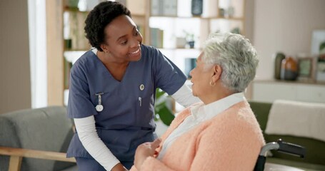 Wall Mural - Talking, caregiver and senior woman in wheelchair at retirement home for healthcare, support and trust. Nurse, patient and person with a disability with medical service for checkup, care and happy