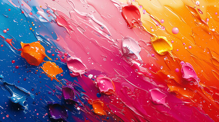 An abstract background with an array of spattered paint drops and splashes in vibrant, contrasting colors. The paint drops are irregularly distributed, creating a dynamic and energetic pattern