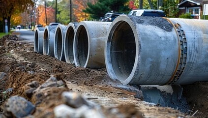 Concrete Pipes Arranged on Dirt Road