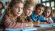 © Phichaphat - A group of elementary school students are sitting at their desks, listening attentively to their teacher.  They are focused on their work and seem to be enjoying their lesson.