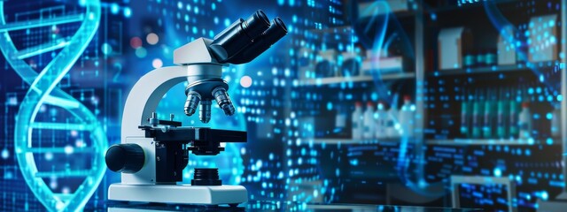 Wall Mural - microscope and dna double helix. concept of scientific and medical genetic research, research medica