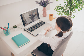 Sticker - Photo portrait of cute small schoolgirl sit table netbook online lesson home education concept school interior