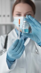 Poster - A healthcare professional is readying a vaccine injection in a medical setting, ensuring safety and sterility. Keywords include clinic, doctor, gloves, nurse, syringe, vaccination, and medical gear