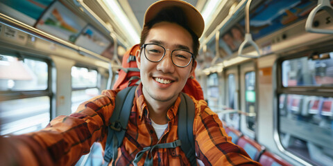 asian man. A young man smiles brightly while taking a selfie on a bus or train, capturing the joy of travel.