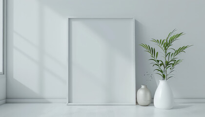 Wall Mural - A white vase with dried flowers sits on a white wall