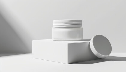 Wall Mural - A white jar with a lid sits on top of a white box