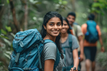 young indian tourist people group walking at forest