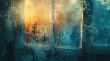 Poster - Abandoned house with old window and blue wall. Grungy background with raindrops on the glass.