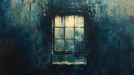 Poster - Abandoned house with old window and blue wall. Grungy background with raindrops on the glass.