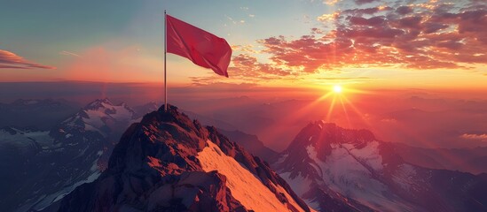 Wall Mural - Flag on a mountain peak, symbolizing overcoming difficulties, goal achievement, and a winning strategy with a focus on results