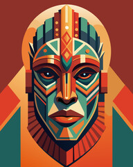 African mask — colorful ethnic ritual accessories - vector flat illustration. Aztec Afro Indian Maya Mexican traditional native culture wooden carnival element